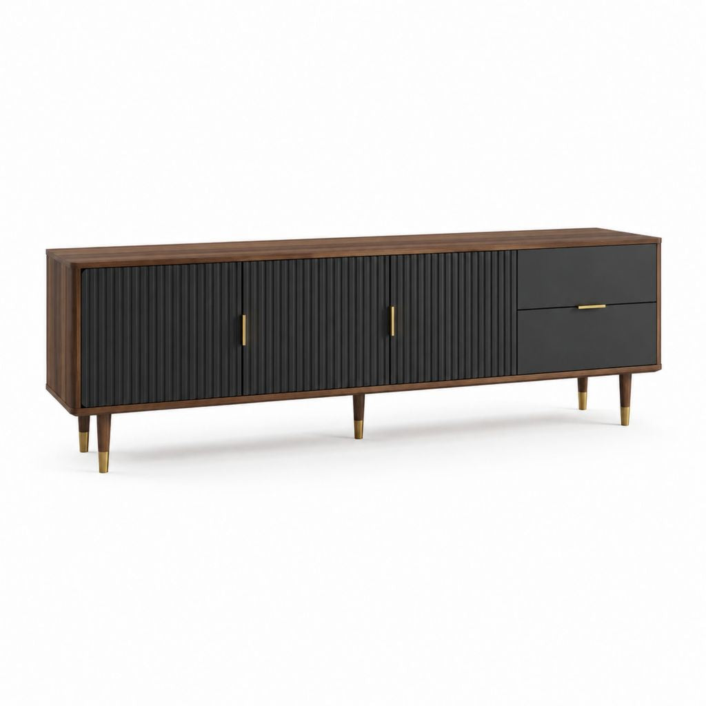 Meuble TV bas rectangulaire noyer et noir en MDF plaqué 180 x 40 x 60 cm
