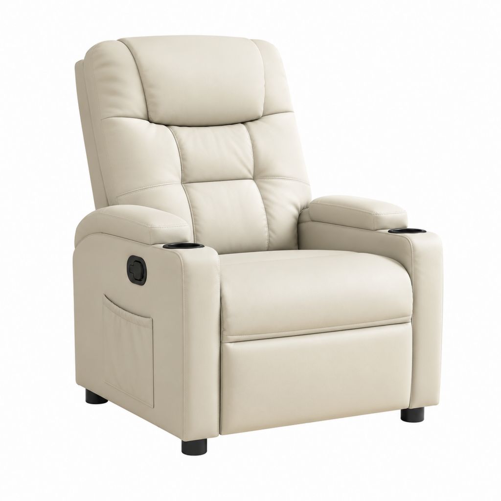 Fauteuil relax inclinable manuel beige en similicuir PU avec porte-gobelets 85 x 94 x 102 cm