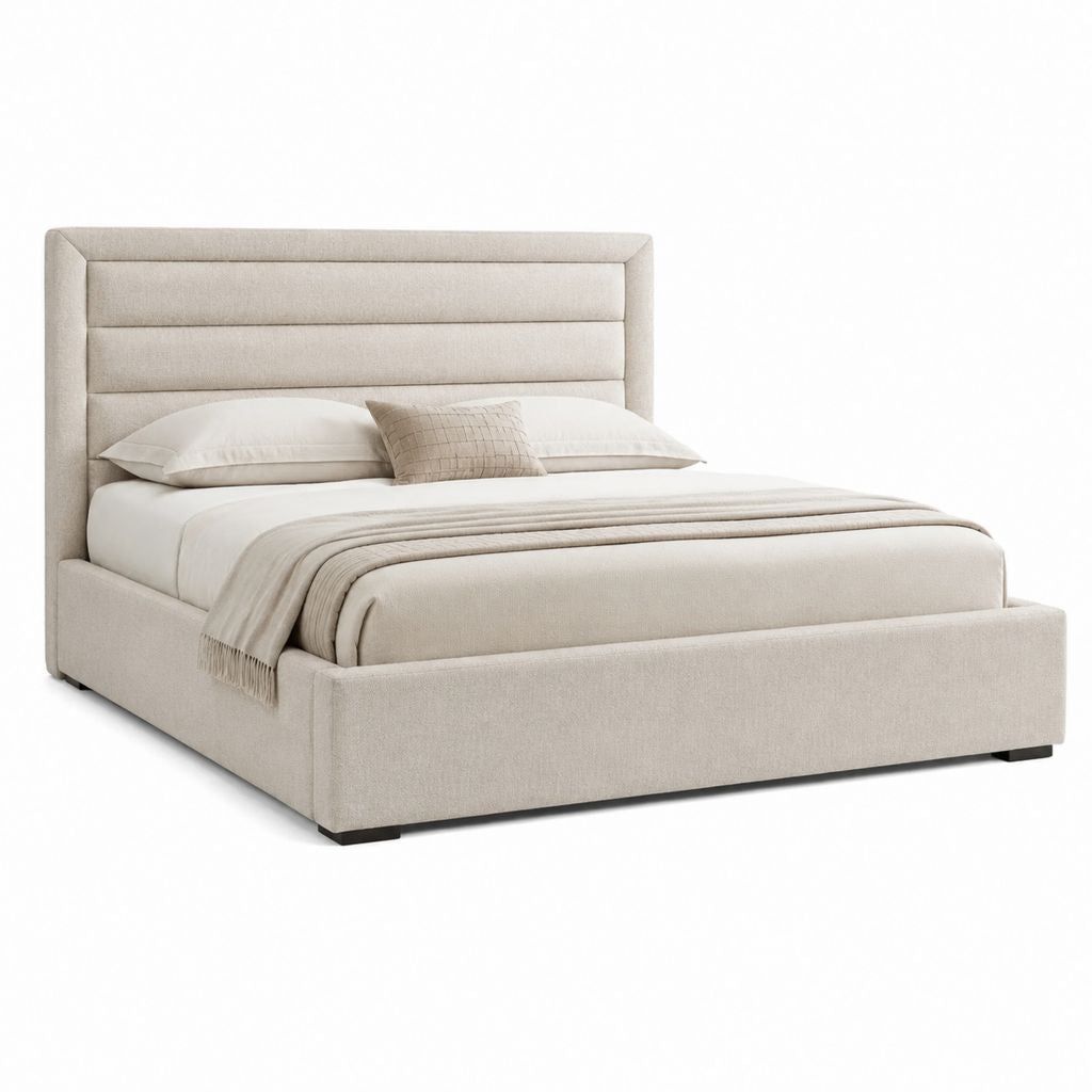 Lit coffre 160 x 200 cm beige en polyester avec tête de lit capitonnée