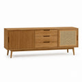 Meuble TV 180 cm en bois massif brun avec portes coulissantes cannage et 3 tiroirs