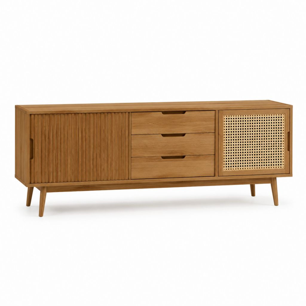 Meuble TV 180 cm en bois massif brun avec portes coulissantes cannage et 3 tiroirs