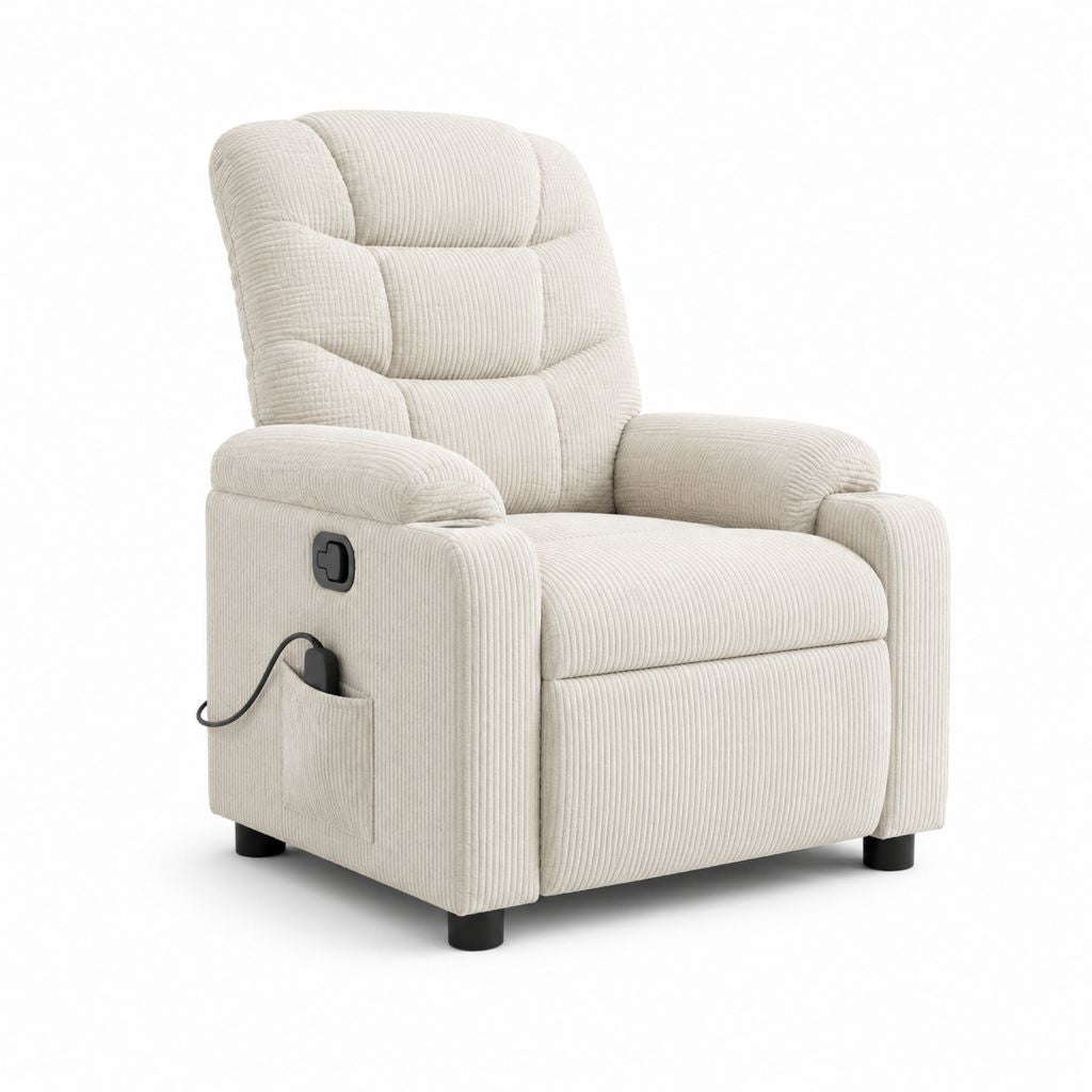 Fauteuil relax électrique inclinable droit crème en velours côtelé de polyester 90 x 95 x 103 cm