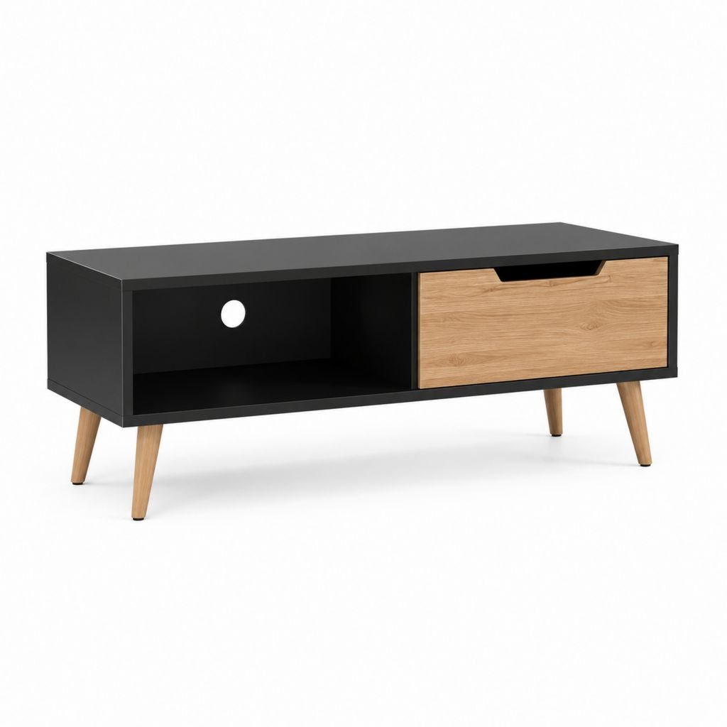 Meuble TV 120 cm noir et chêne en panneaux MDF avec tiroir et niche ouverte