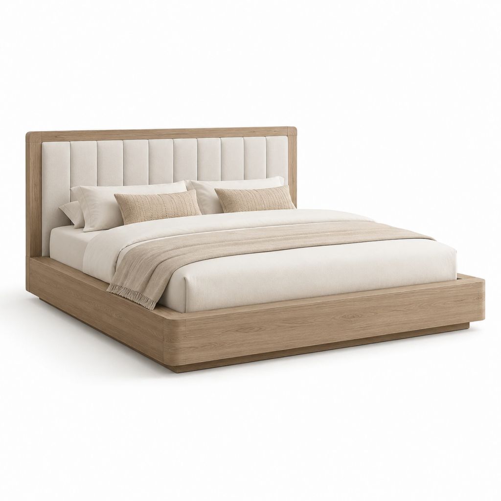 Lit double 160 x 200 cm beige et chêne avec tête de lit capitonnée
