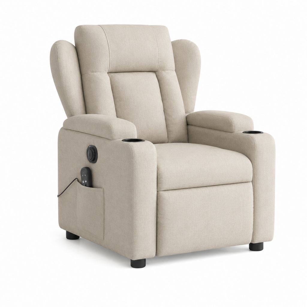 Fauteuil releveur électrique inclinable beige en polyester à dossier haut avec porte-gobelets 86 x 90 x 104 cm