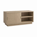 Meuble TV bas chêne clair en panneaux MDF 120 x 40 x 60 cm avec porte coulissante et 2 niches
