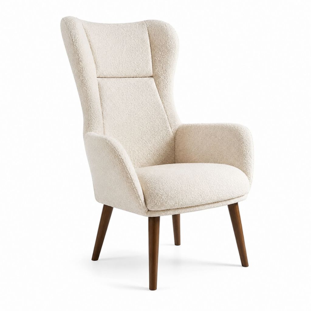Fauteuil à oreilles crème en polyester bouclé avec pieds en hêtre massif 75 x 82 x 105 cm