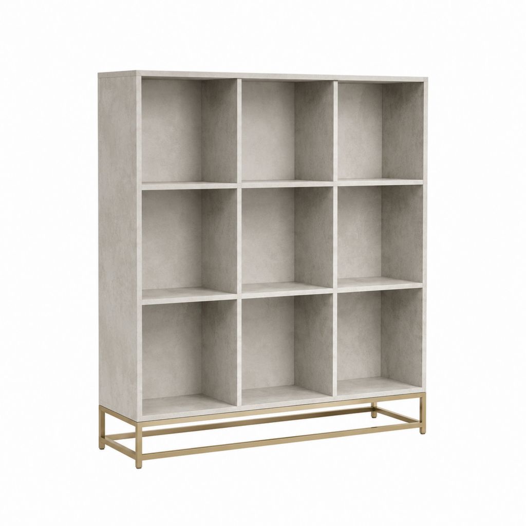 Bibliothèque 9 niches gris béton en panneaux de particules avec piètement acier doré 90 x 30 x 120 cm