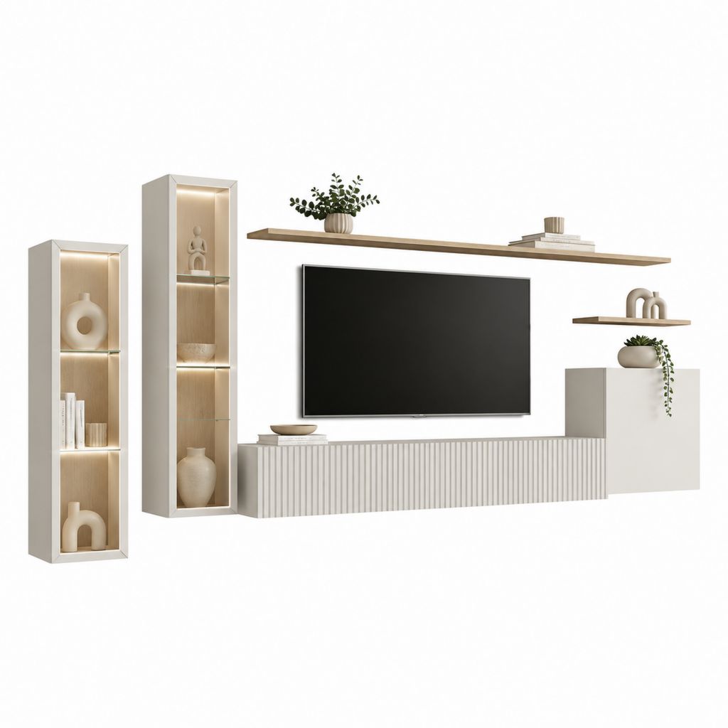 Ensemble meuble TV mural blanc et chêne clair avec vitrines LED 300 x 35 x 190 cm