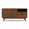 Meuble TV en MDF plaqué noyer rectangulaire avec 2 tiroirs 1 porte coulissante et niche ouverte 160 x 40 x 75 cm