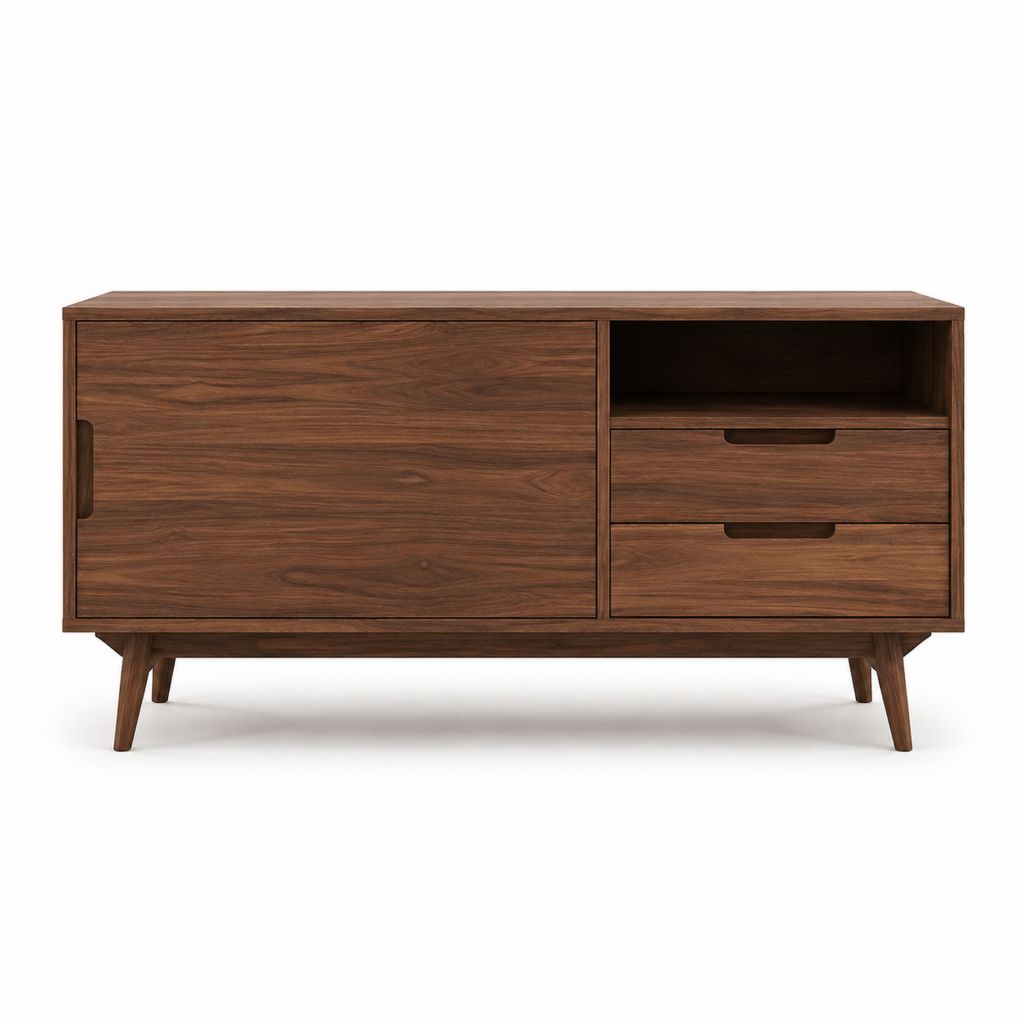 Meuble TV en MDF plaqué noyer rectangulaire avec 2 tiroirs 1 porte coulissante et niche ouverte 160 x 40 x 75 cm