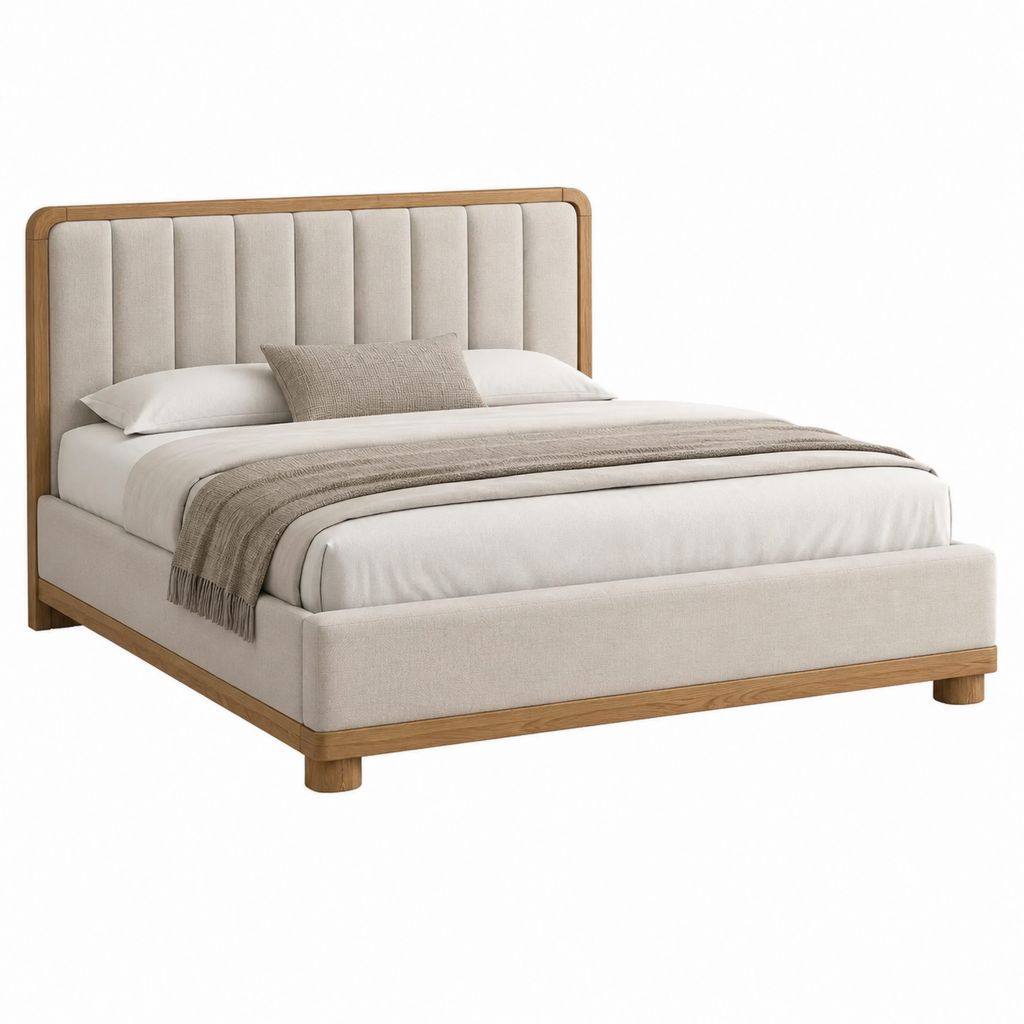 Lit double 160 x 200 cm beige et chêne massif avec tête de lit capitonnée