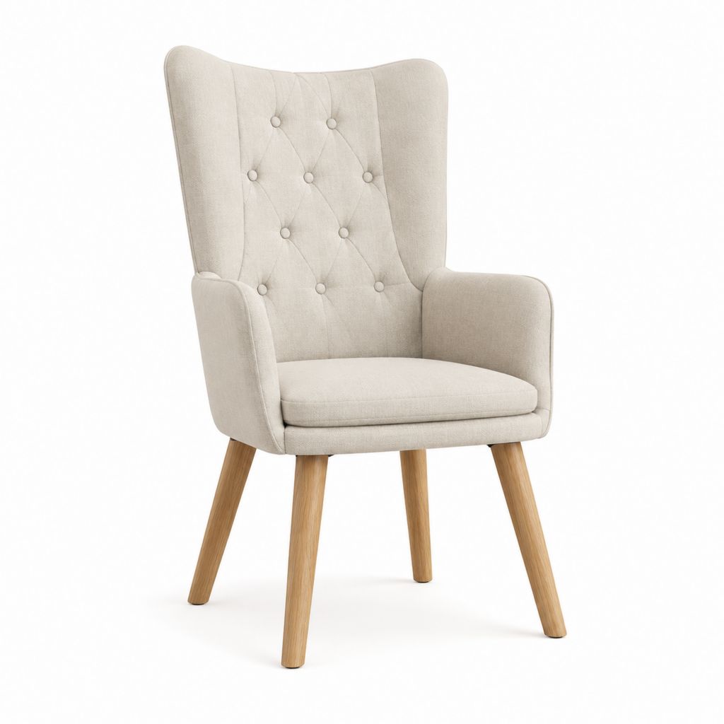 Fauteuil à oreilles capitonné beige en polyester avec pieds en hêtre massif 70 x 75 x 108 cm