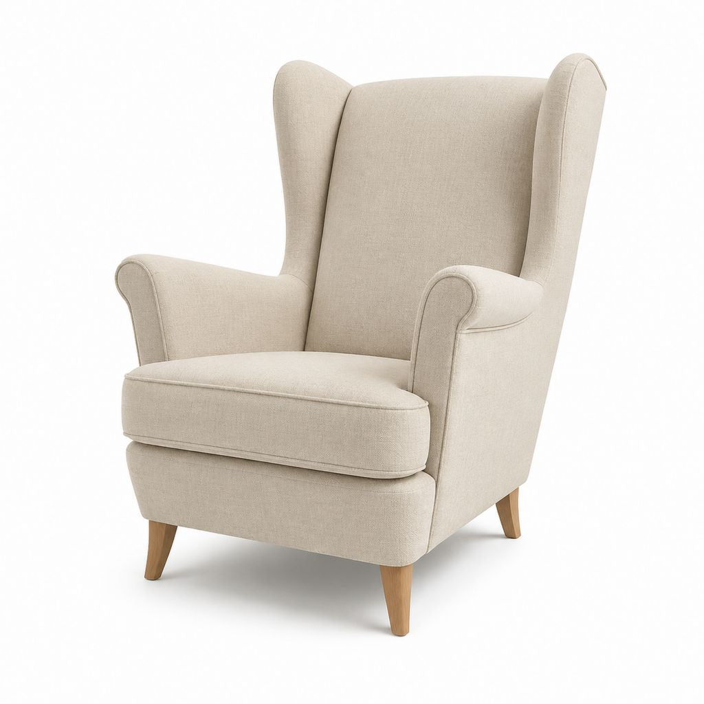 Fauteuil à oreilles beige en polyester avec pieds en bois massif 75 x 85 x 105 cm