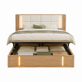 Lit coffre 160 x 200 cm chêne clair avec tête de lit capitonnée et éclairage LED