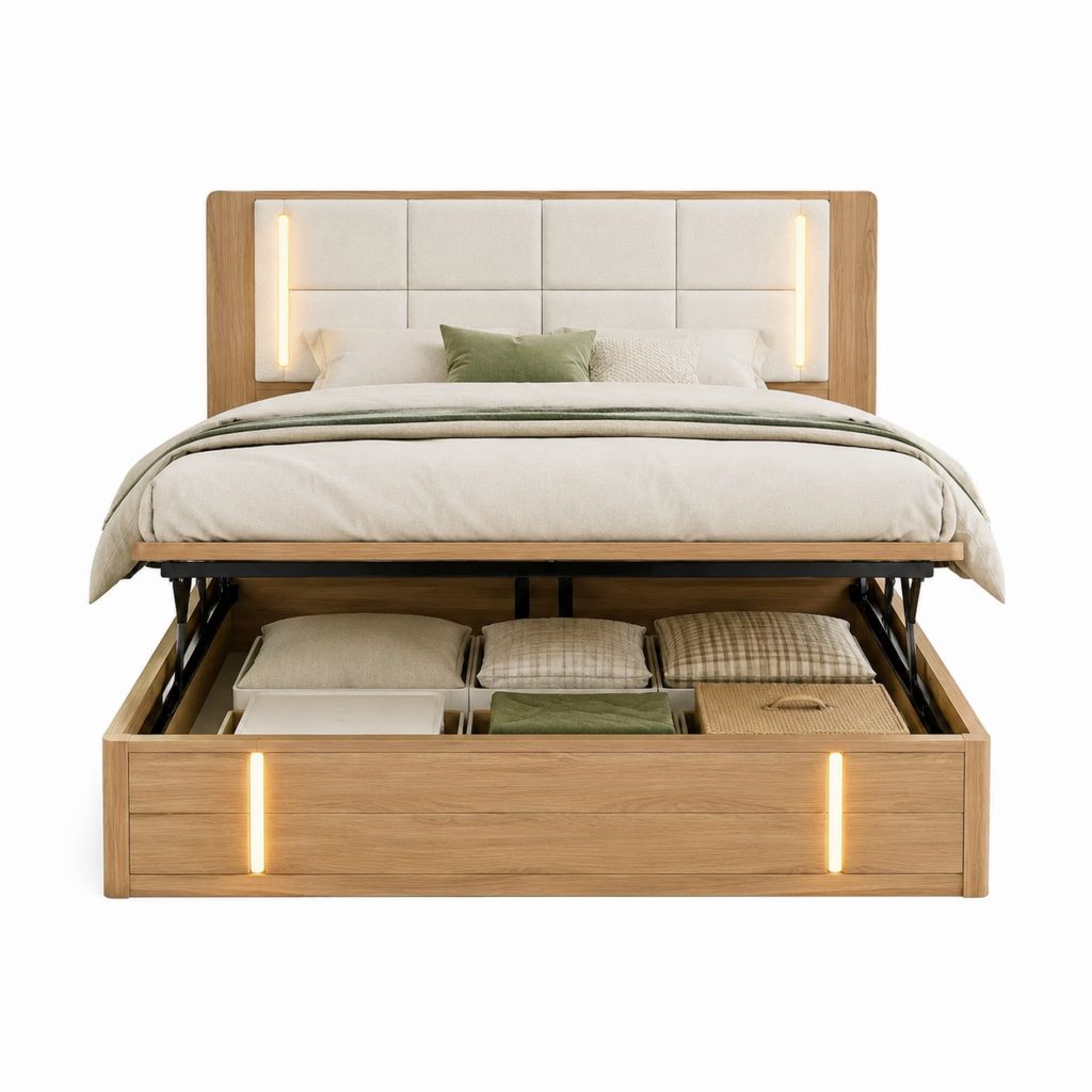 Lit coffre 160 x 200 cm chêne clair avec tête de lit capitonnée et éclairage LED