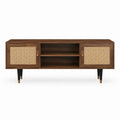 Meuble TV 160 x 40 x 60 cm en MDF placage noyer avec portes en rotin