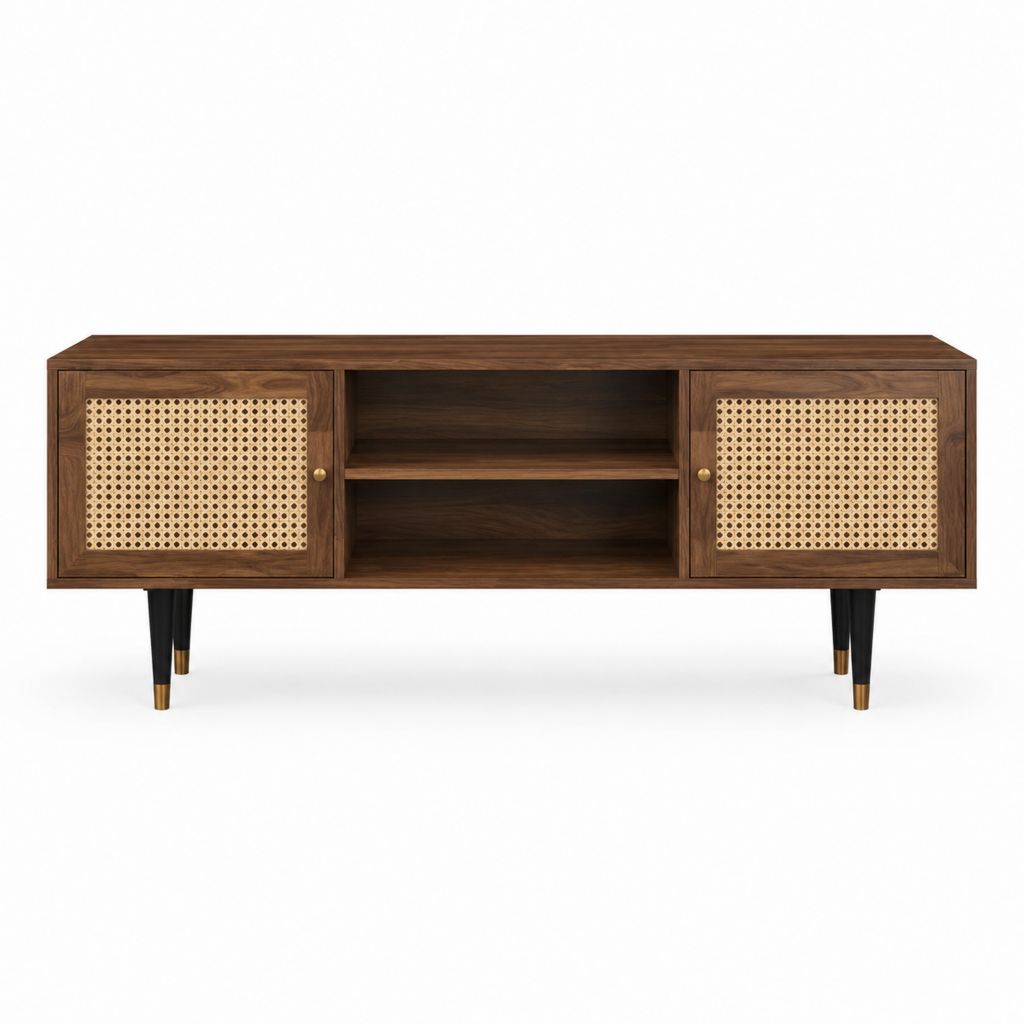 Meuble TV 160 x 40 x 60 cm en MDF placage noyer avec portes en rotin