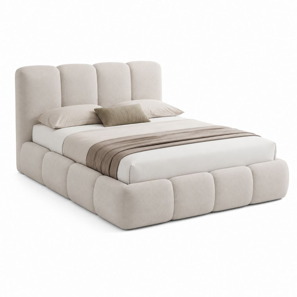 Lit coffre rectangulaire 160 x 200 cm beige en polyester avec tête de lit rembourrée
