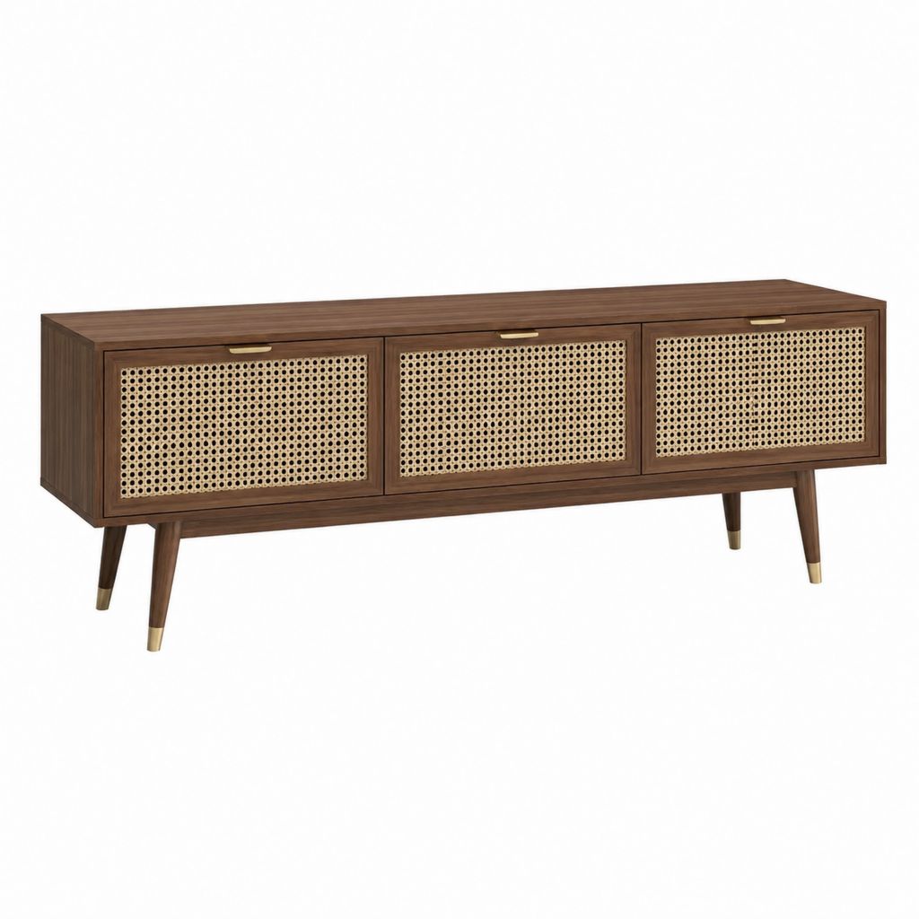 Meuble TV 3 portes noyer et cannage en rotin 160 x 40 x 65 cm