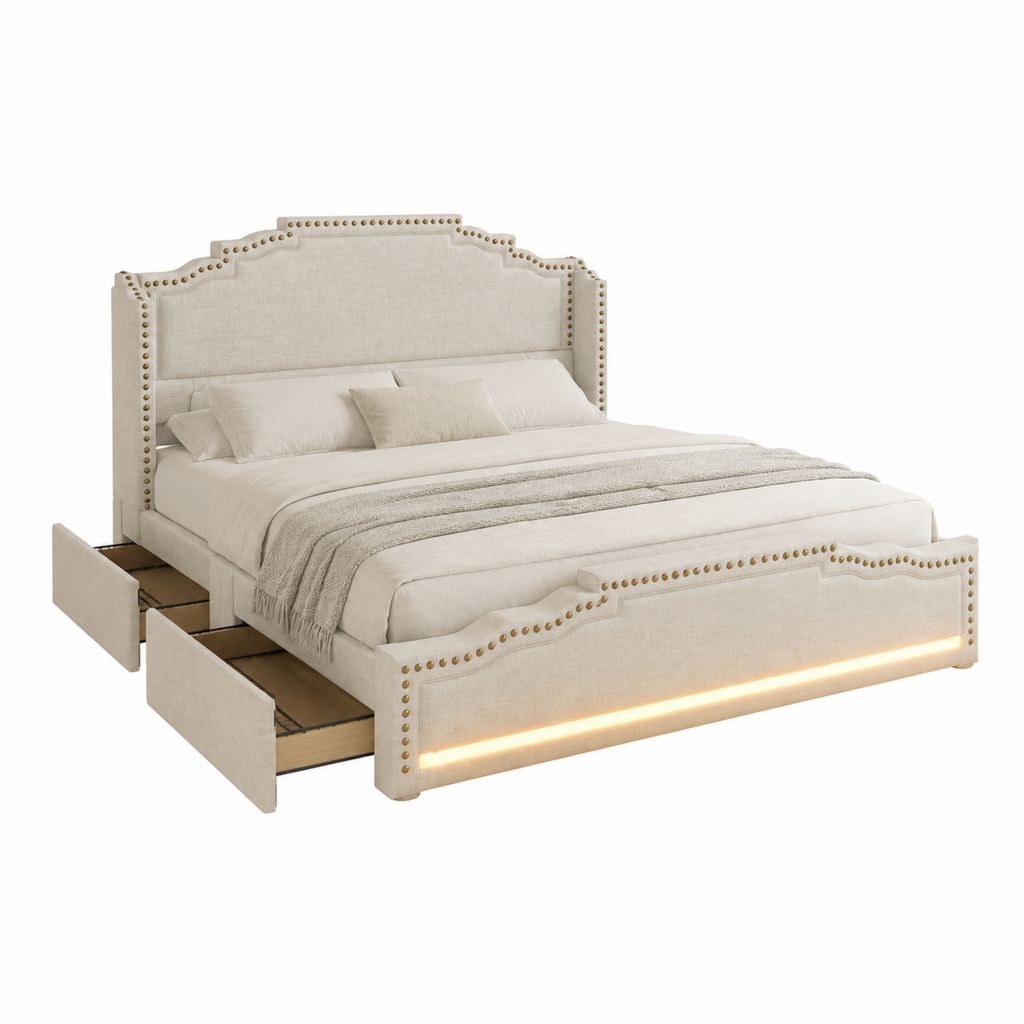 Lit double avec rangement beige en polyester effet lin rectangulaire 180 x 200 cm