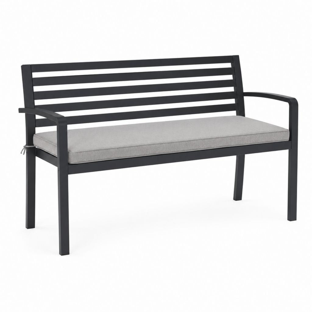 Banc de jardin 2 places noir en acier avec coussin gris 120 x 65 x 85 cm