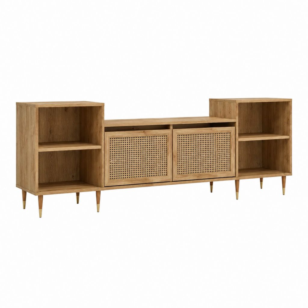 Meuble TV en panneaux de particules décor chêne avec portes en cannage 180 x 40 x 85 cm